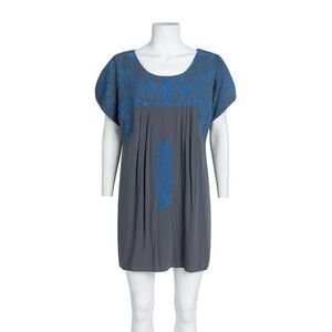 Buddy Love Gray Blue Embroidered Boho Peasant Tunic Dress Short Sleeve Women’s M